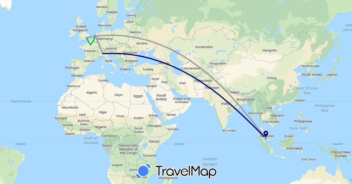 TravelMap itinerary: driving, bus, plane in Belgium, France, United Kingdom, Italy, Malaysia, Netherlands (Asia, Europe)